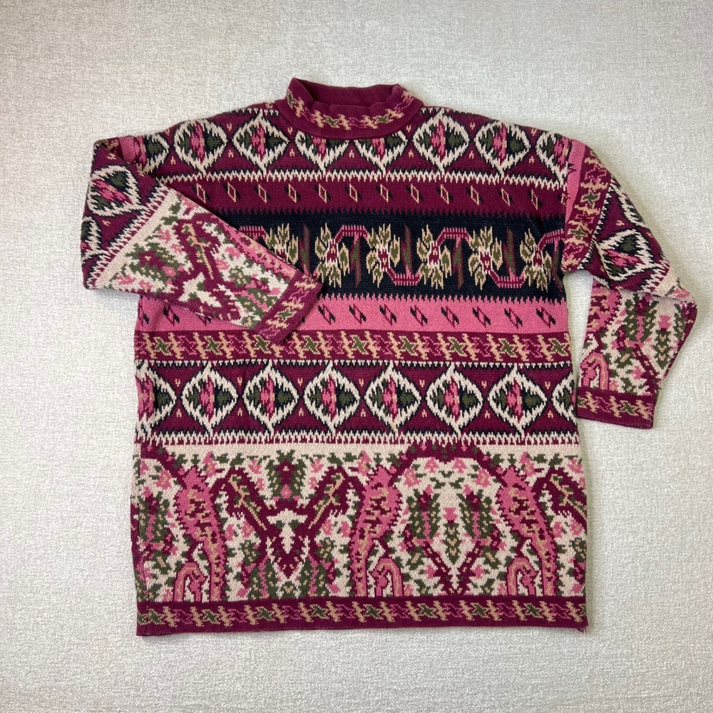 Vintage 90s Express Tricot Sweater Women L Pink Burgundy Cottagecore Roll Neck